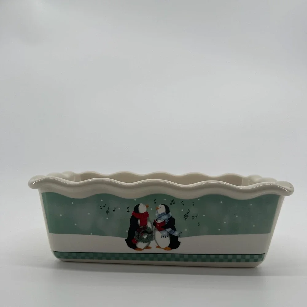 Garden Ridge Caroling Penguin Christmas Loaf Pan Ceramic Baking Dish Holiday